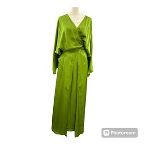 NWT Massimo Dutti Green Satin Kimono Midi Maxi Wrap Dress Size XS
